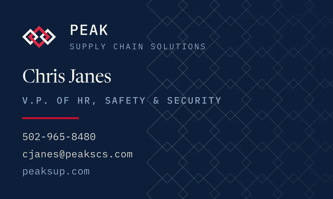 Business card front for Chris Janes, V.P. of HR, Safety & Security