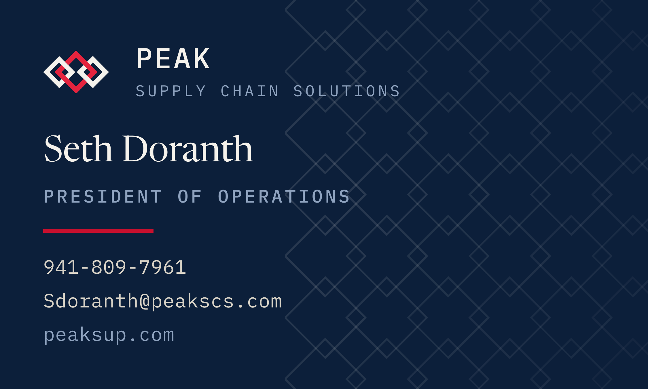 Business card front for Seth Doranth, President of Operations