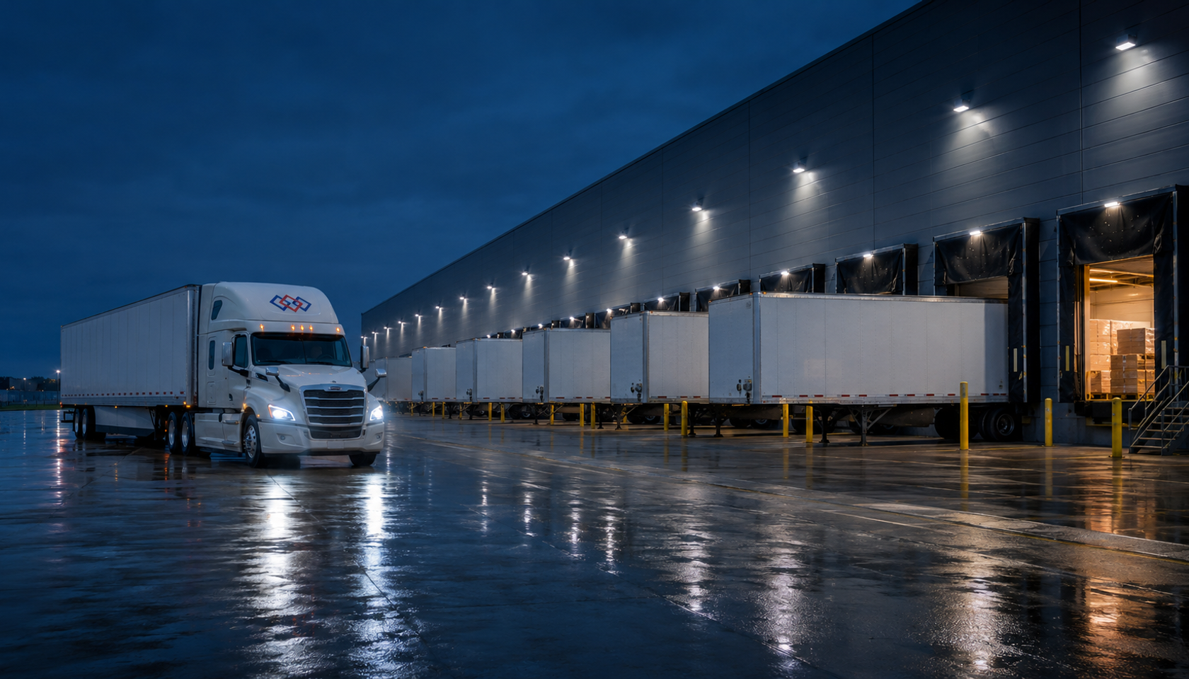 A branded tractor idling outside a clean blue-hour cross-dock facility with aligned trailers
