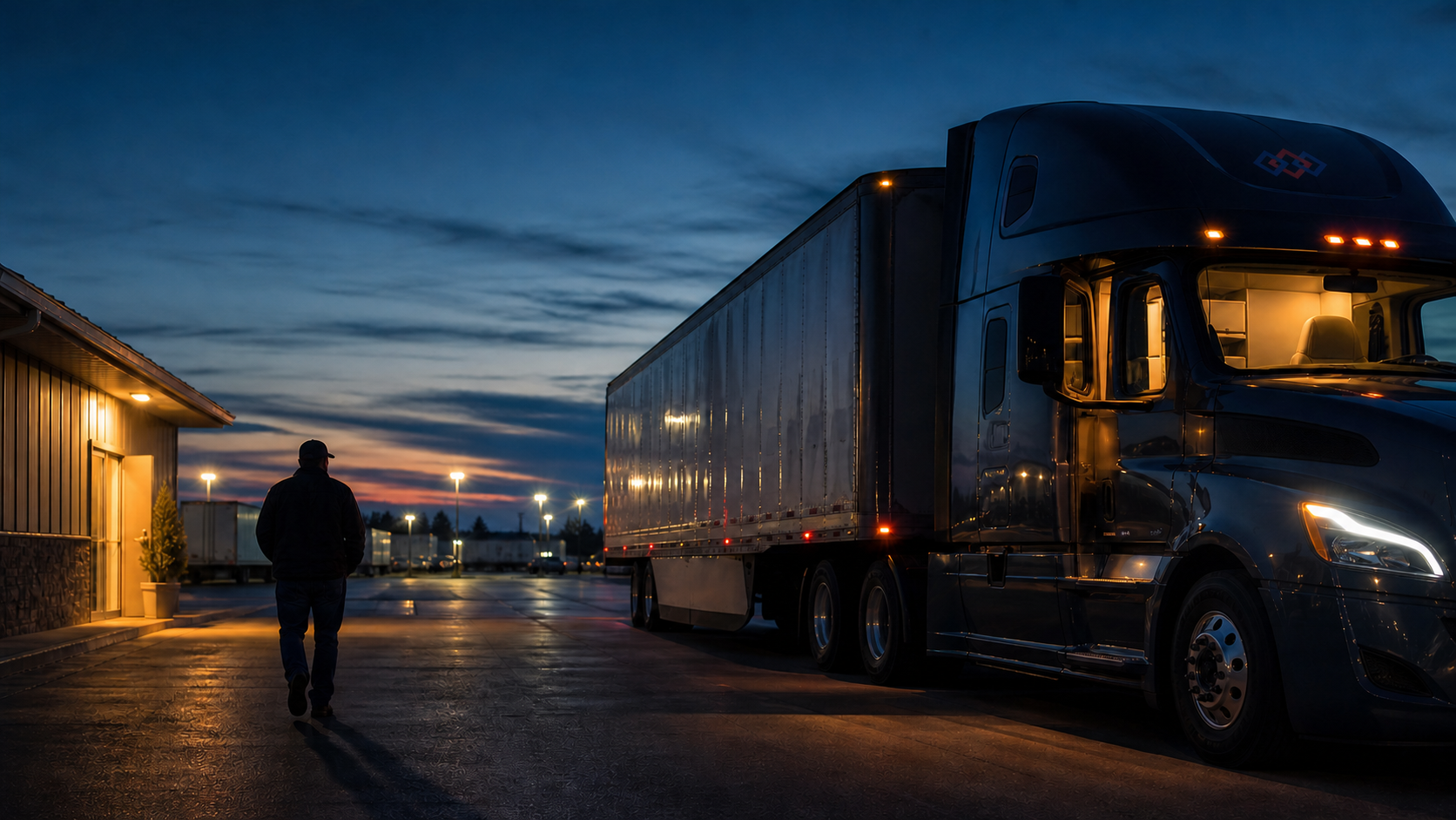 A driver walking toward a warm doorway at dusk beside a branded tractor-trailer