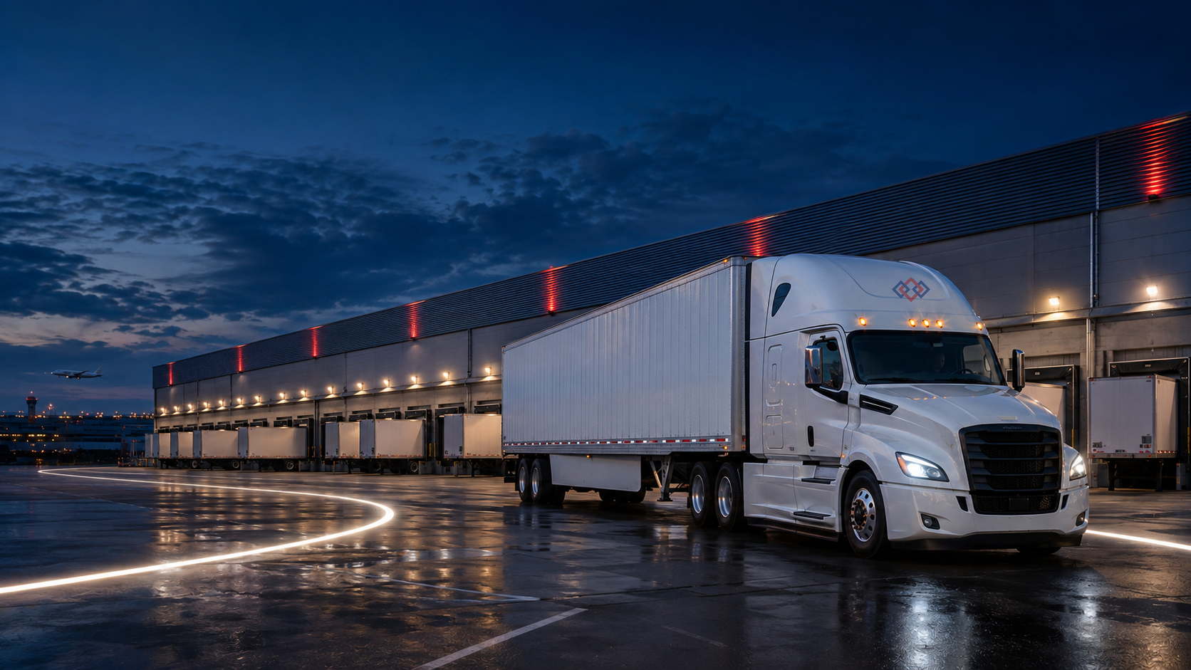 A branded tractor-trailer at a blue-hour logistics facility with a luminous route loop line on wet pavement