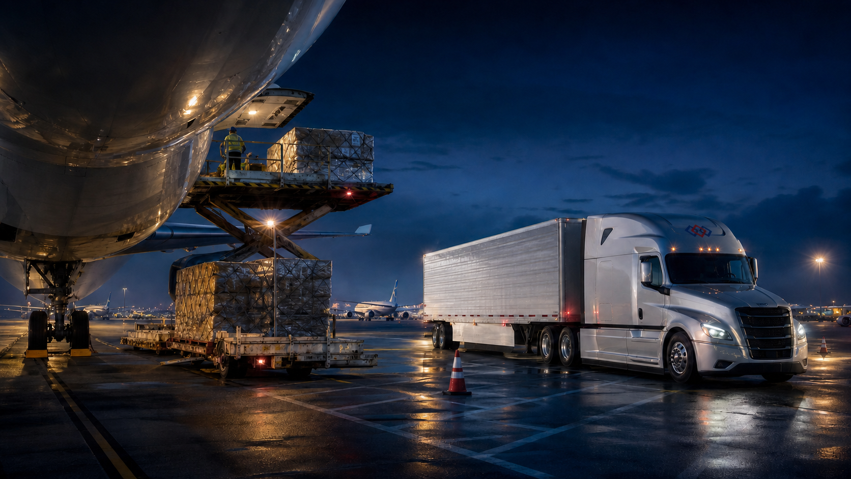 A branded tractor-trailer staged beside an aircraft cargo loader on a wet pre-dawn ramp