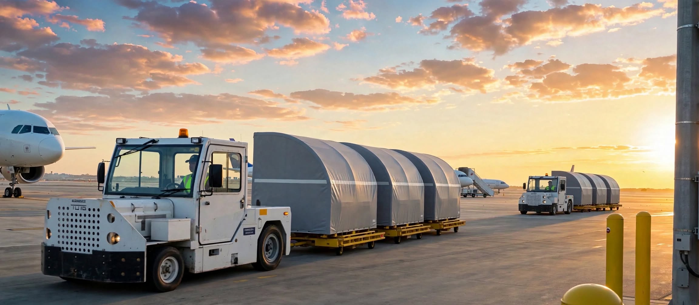 A tug and driver pulling a train of ULD containers across the ramp at sunset, an aircraft behind