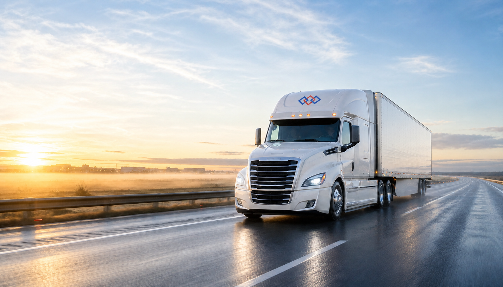 A branded modern tractor-trailer running a clean dawn highway with open sky for homepage copy