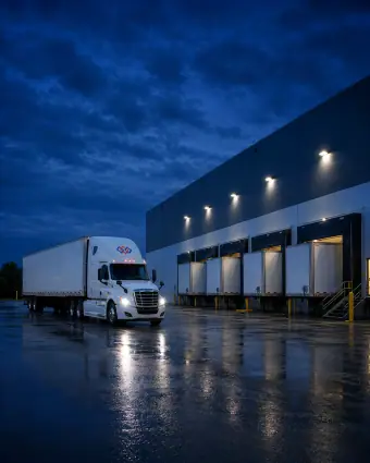 A branded tractor idling outside a clean blue-hour cross-dock facility with aligned trailers — portrait framing for phones