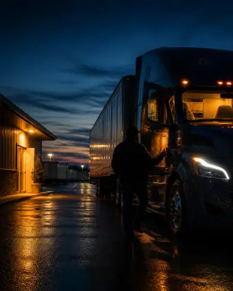 A driver walking toward a warm doorway at dusk beside a branded tractor-trailer — portrait framing for phones