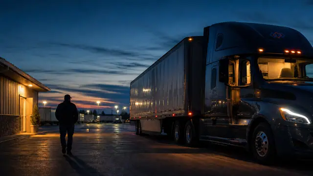 A driver walking toward a warm doorway at dusk beside a branded tractor-trailer