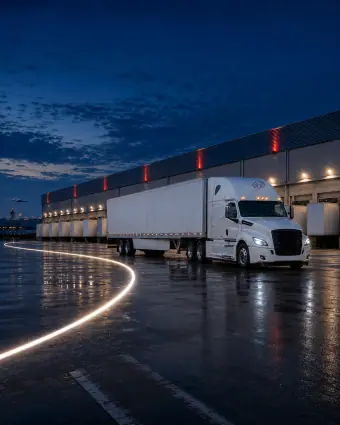 A branded tractor-trailer at a blue-hour logistics facility with a luminous route loop line on wet pavement — portrait framing for phones