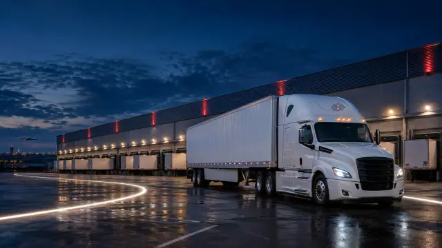 A branded tractor-trailer at a blue-hour logistics facility with a luminous route loop line on wet pavement