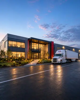 A modern regional logistics headquarters attached to a cross-dock facility with branded tractors in the truck court — portrait framing for phones