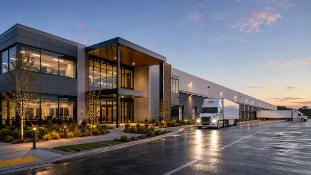 A modern regional logistics headquarters attached to a cross-dock facility with branded tractors in the truck court