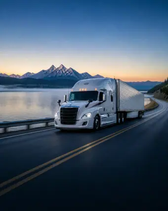 A branded tractor-trailer driving along a lakeside road at dawn with mountain peaks composed behind it — portrait framing for phones