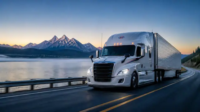 A branded tractor-trailer driving along a lakeside road at dawn with mountain peaks composed behind it