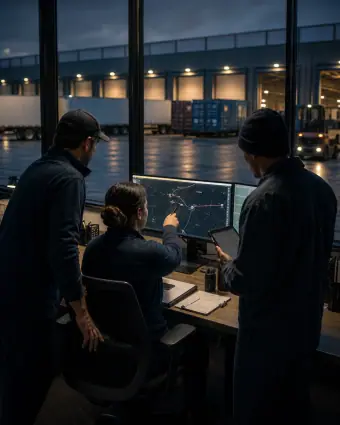 Three logistics professionals coordinating around a route screen with dock activity visible beyond the glass — portrait framing for phones