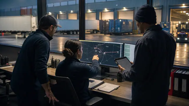 Three logistics professionals coordinating around a route screen with dock activity visible beyond the glass