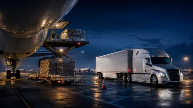 A branded tractor-trailer staged beside an aircraft cargo loader on a wet pre-dawn ramp